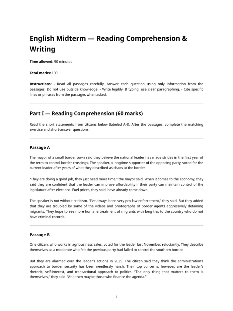 English Midterm Reading Comprehension and Writing | PDF | Essays ...