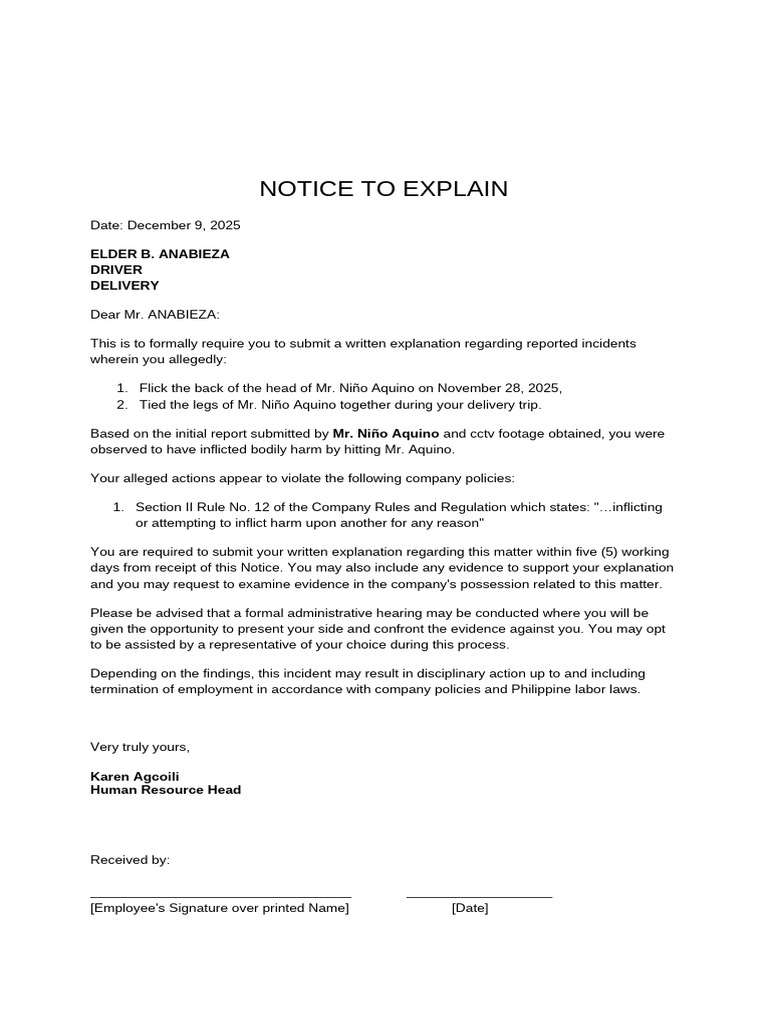 Notice to Explain: Employee Misconduct | PDF | Justice | Crime & Violence