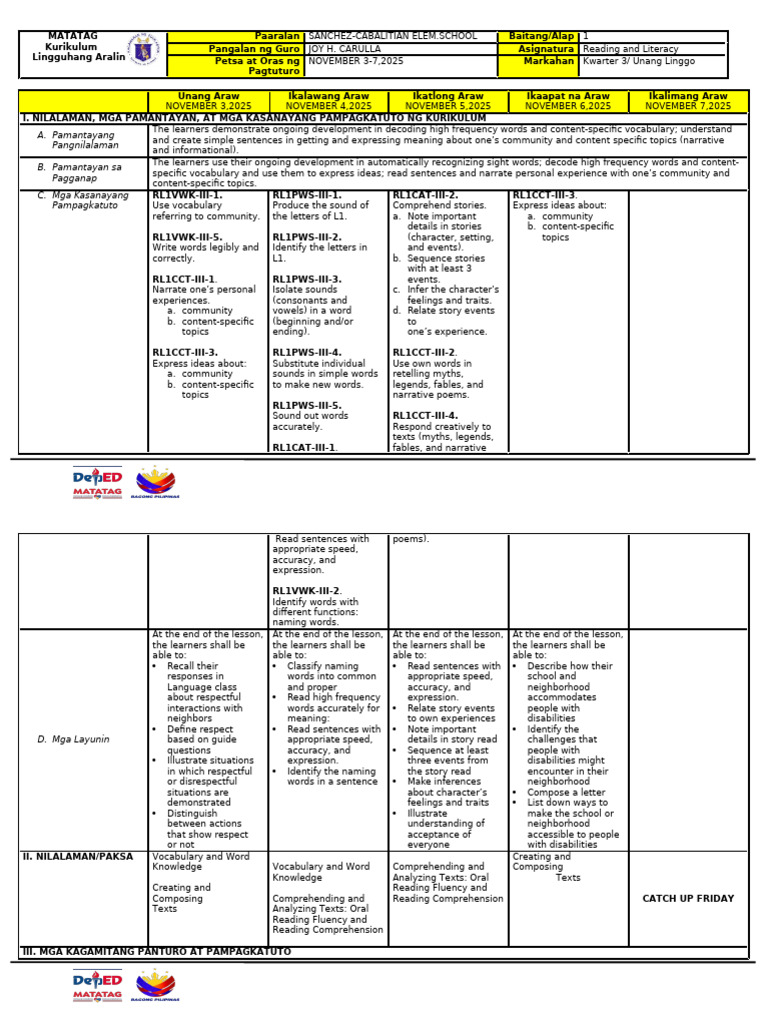 g1 q3 Le Week 1 r&l | PDF | Narrative | Reading Comprehension