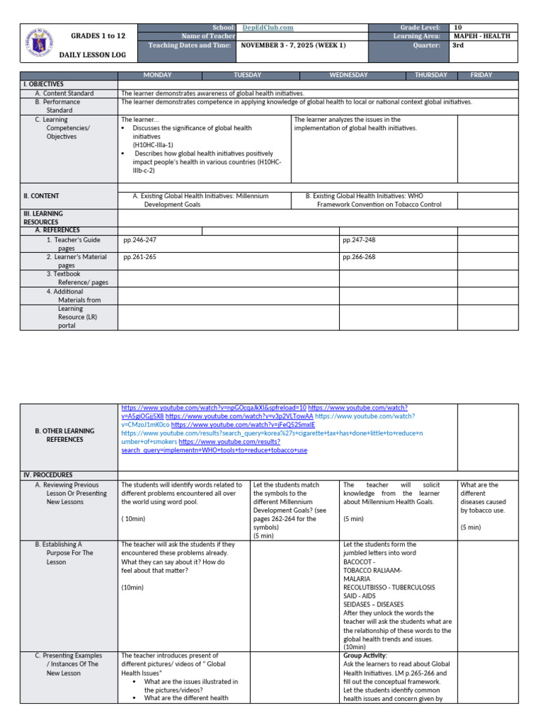 MAPEH Health Lesson Plan for Grade 10 | PDF | Learning | Teachers