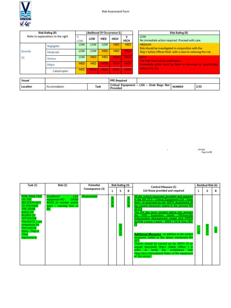Offshore PSV Risk Assessment Form | PDF | Risk | Safety