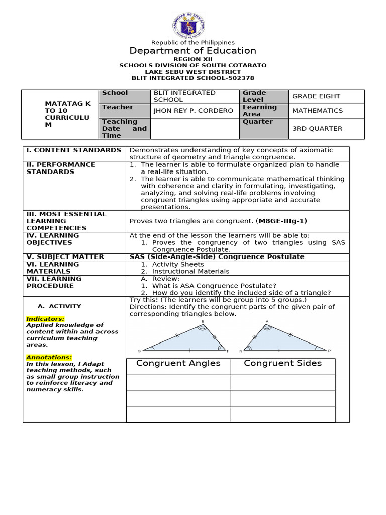 Grade 8 Math: SAS Triangle Congruence | PDF | Learning | Cognitive Science