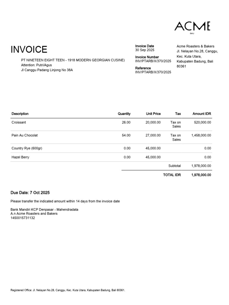 Invoice INV_PTARB_X_370_2025 - PT NINETEEN EIGHT TEEN - 1918 MODERN ...
