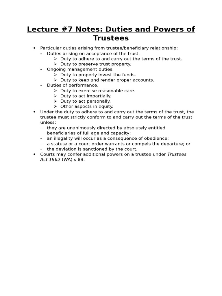 Trust Law Lecture 7 Notes | PDF | Trustee | Fiduciary