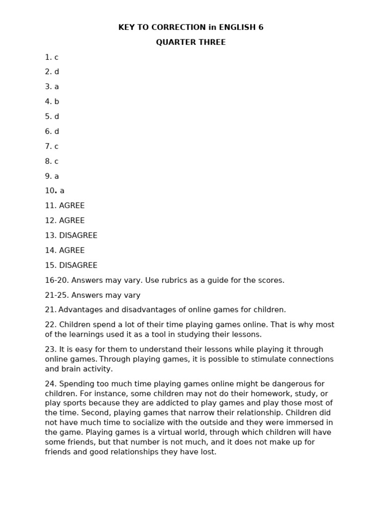 English 6 Quarter 3 Correction Key | PDF | Chess Theory | Chess
