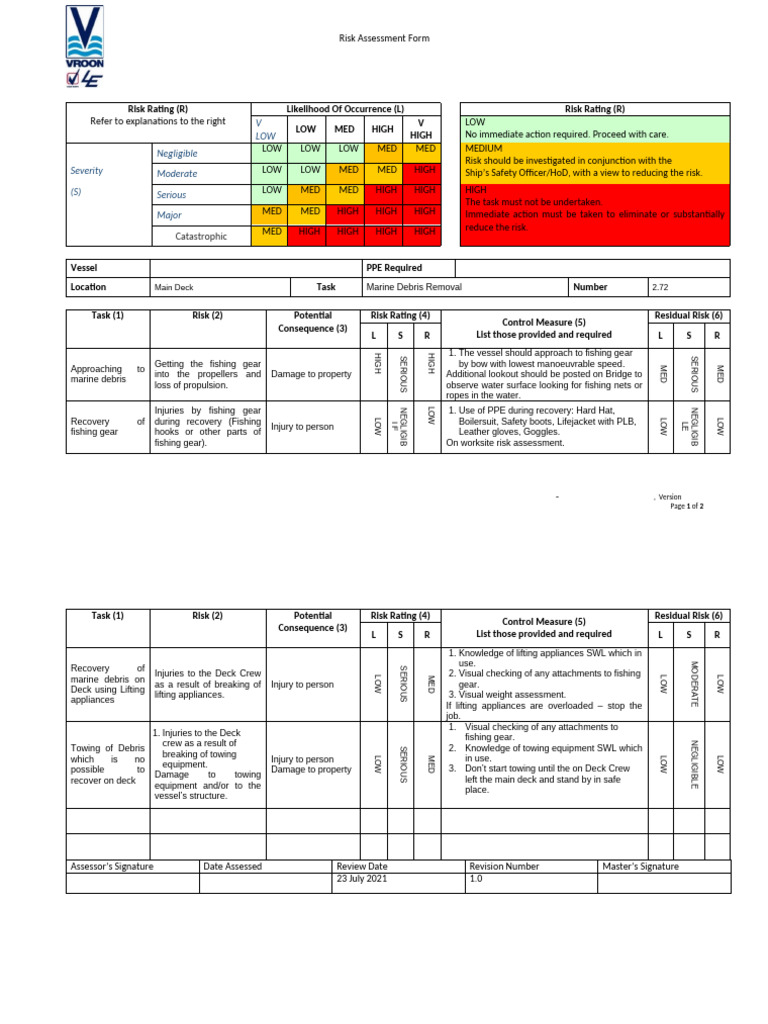 VOS - Risk Assessment - 2.72 - Marine Debris Removal | PDF | Risk ...