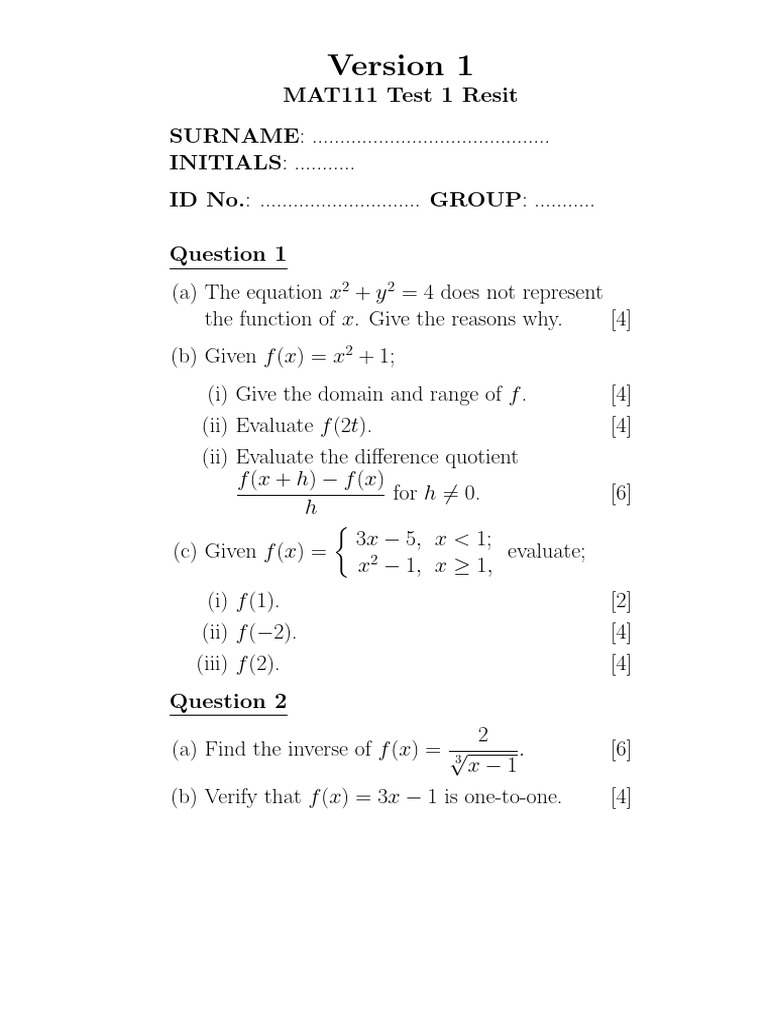 MAT111 Test 1 Resit Questions | PDF