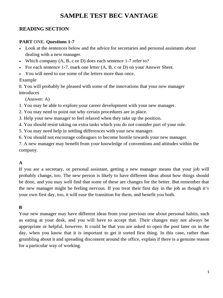 BEC VANTAGE Sample Test_Reading | PDF
