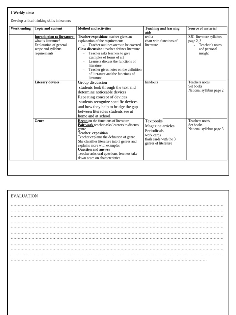 Weekly Literature Teaching Plan | PDF | Learning | Critical Thinking