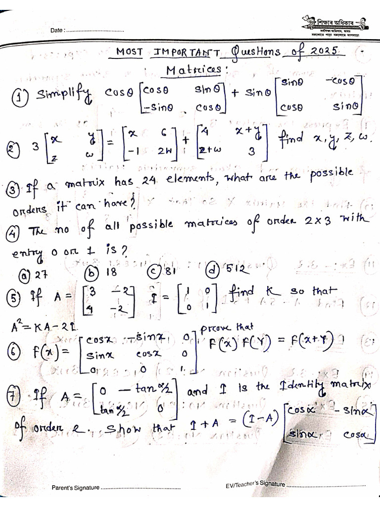 Most Important Questions For 2025, Chapter - 03 (Matrices) | PDF