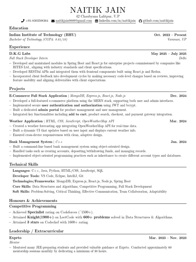 Naitik Jain: Full Stack Developer Resume | PDF | Java Script | Computer ...