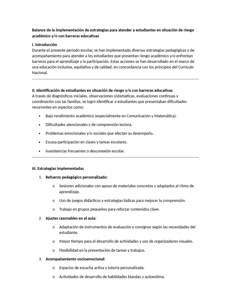 Balance de La Implementacion de Estrategias Para Atender a Estudiantes ...