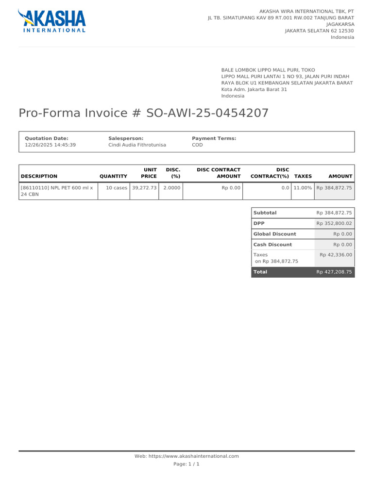 Pro-Forma Invoice SO-AWI-25-0454207 | PDF