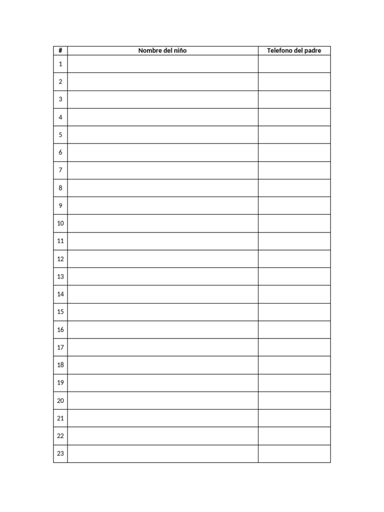 Lista de niños y teléfonos de padres | PDF