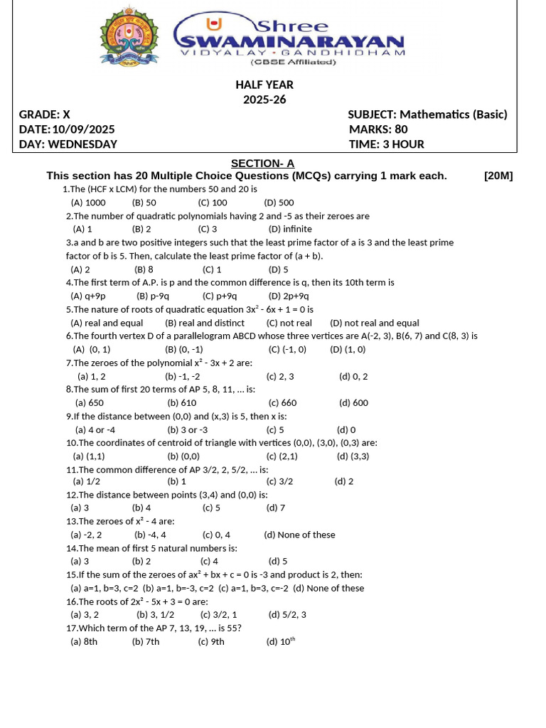 10th Math Basic Half Yeary Paper | PDF | Numbers | Factorization