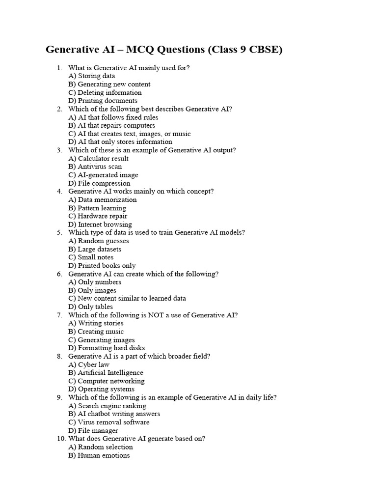 Generative AI MCQs for Class 9 CBSE | PDF | Artificial Intelligence ...