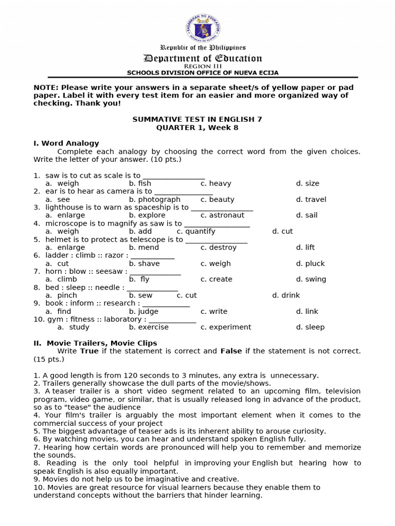 English 7 Summative Test Q1 W8 | PDF | Speed Reading | English Language