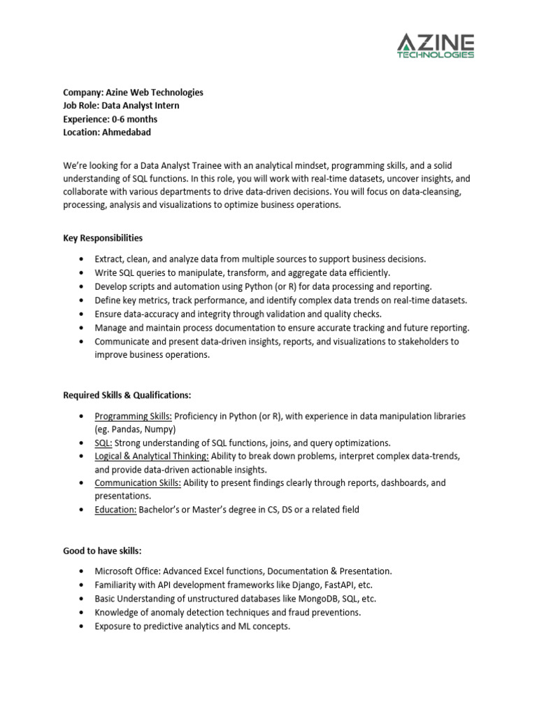 Data Analyst Intern Position in Ahmedabad | PDF