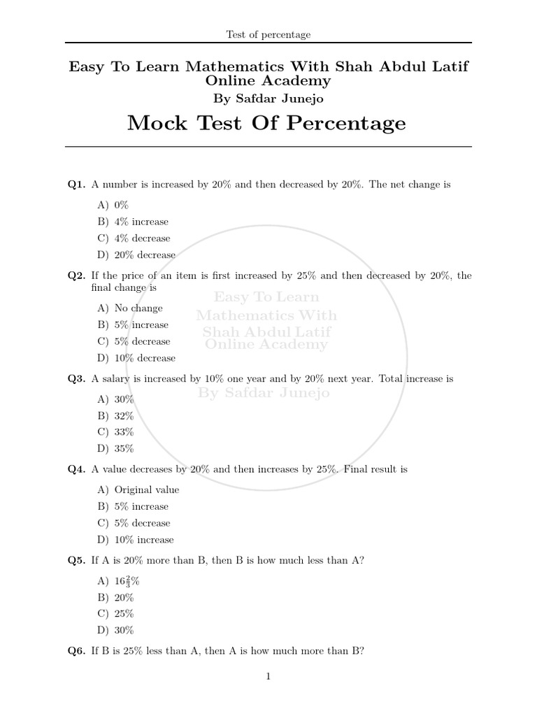 Percentage Master Practice Test (50 MCQS) by Safdar Junejo | PDF