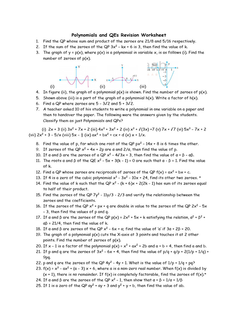 Polynomials and Quadratic Equations Worksheet | PDF | Zero Of A ...