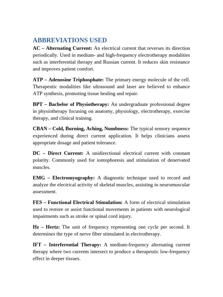 Electrotherapy Abbreviations & Glossary | PDF | Physical Therapy | Pain