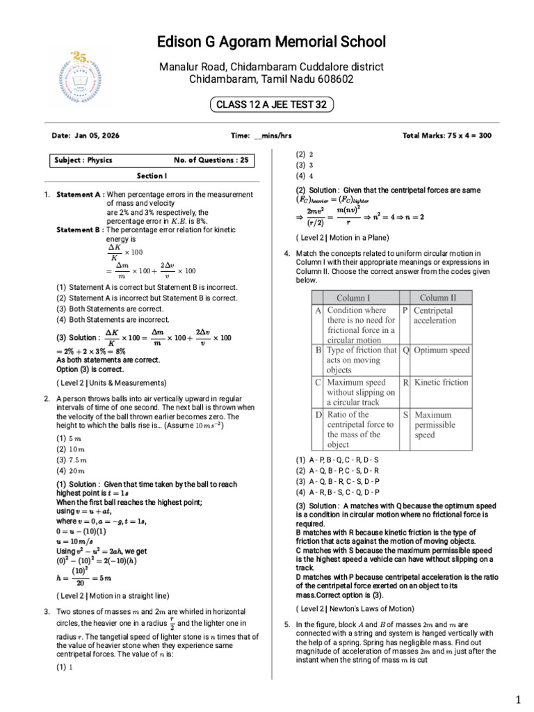 CLASS 12 A JEE TEST 32 | PDF | Force | Young's Modulus