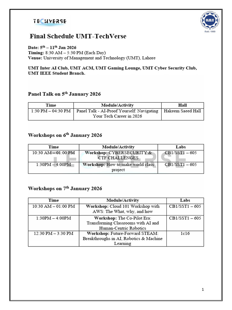 UMT-TechVerse 2026 Event Schedule | PDF | Computing