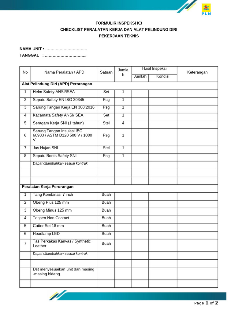 Checklist Inspeksi K3 Peralatan dan APD | PDF