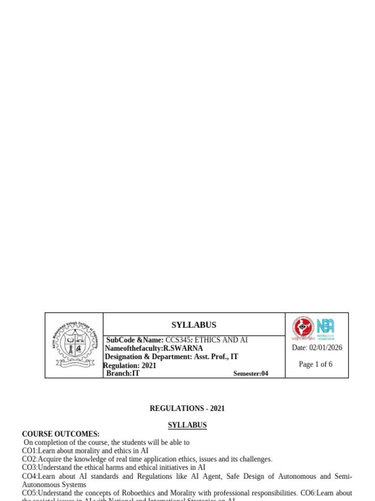Ethics and AI Syllabus for CCS345 | PDF | Artificial Intelligence ...