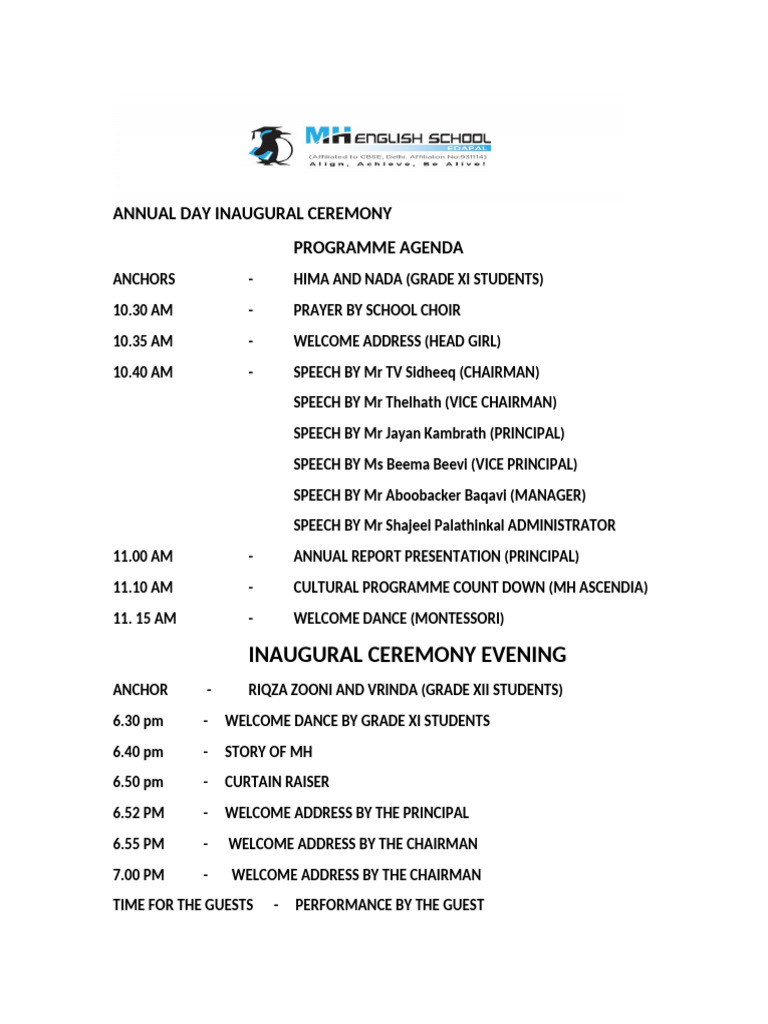 Annual Day Inaugural Ceremony Agenda | PDF