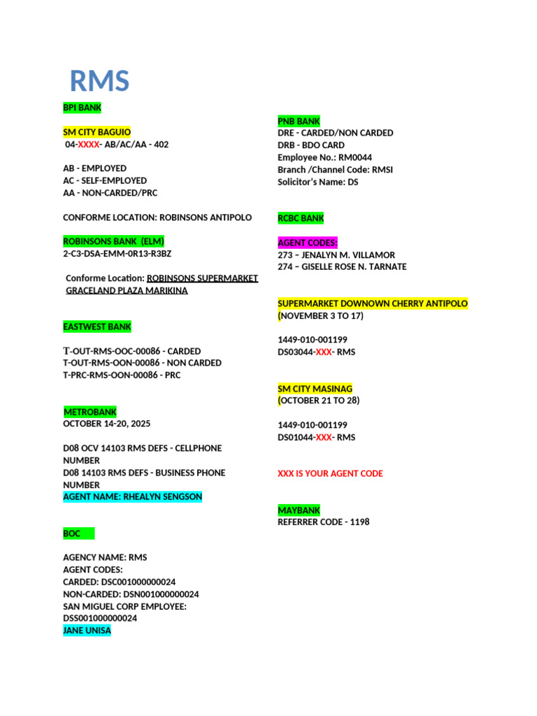 Bank Agent Codes and Locations Guide | PDF
