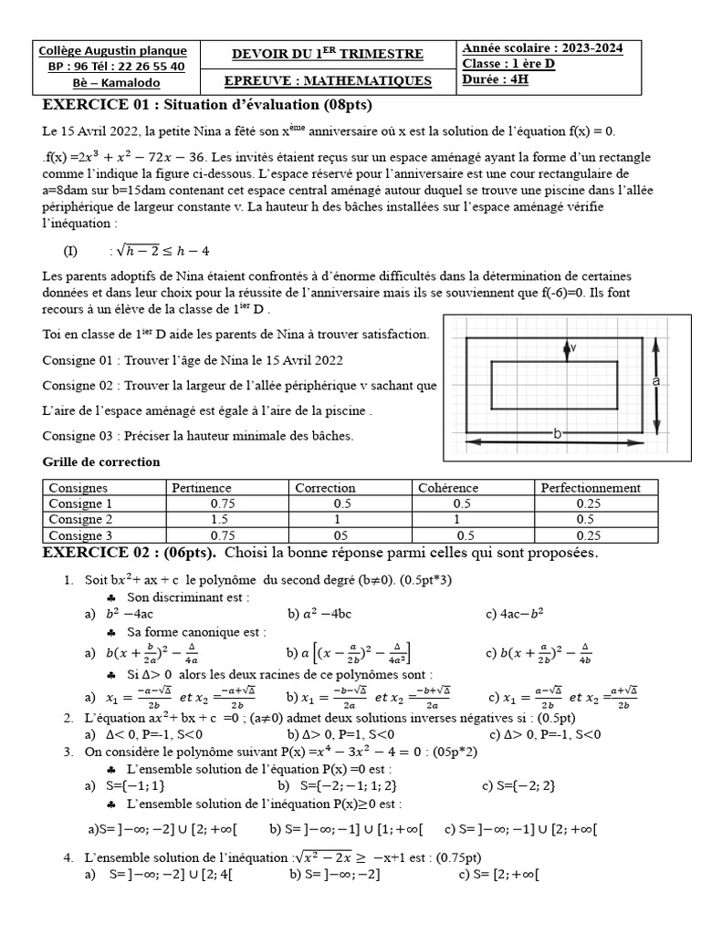Devoir de Mathématiques 1ère D - 2023-2024 | PDF | Algèbre générale ...