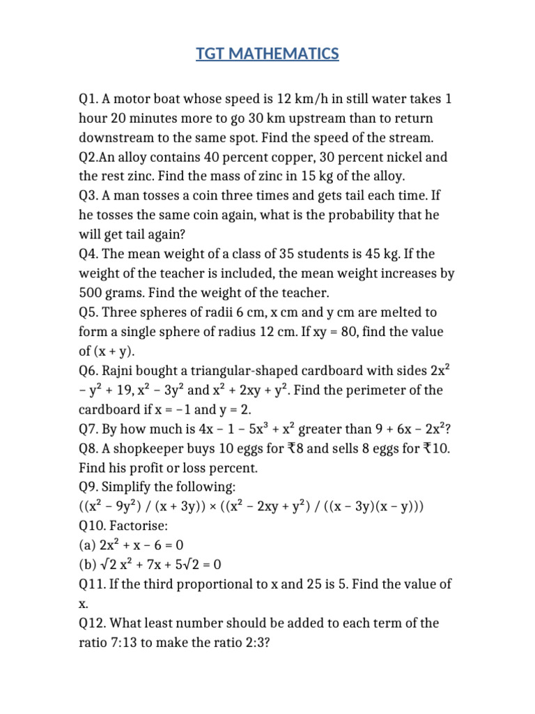 TGT Mathematics Problem Set | PDF