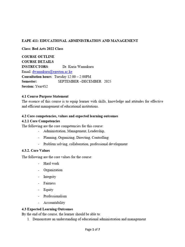 Educational Administration Course Outline | PDF | Classroom | Learning