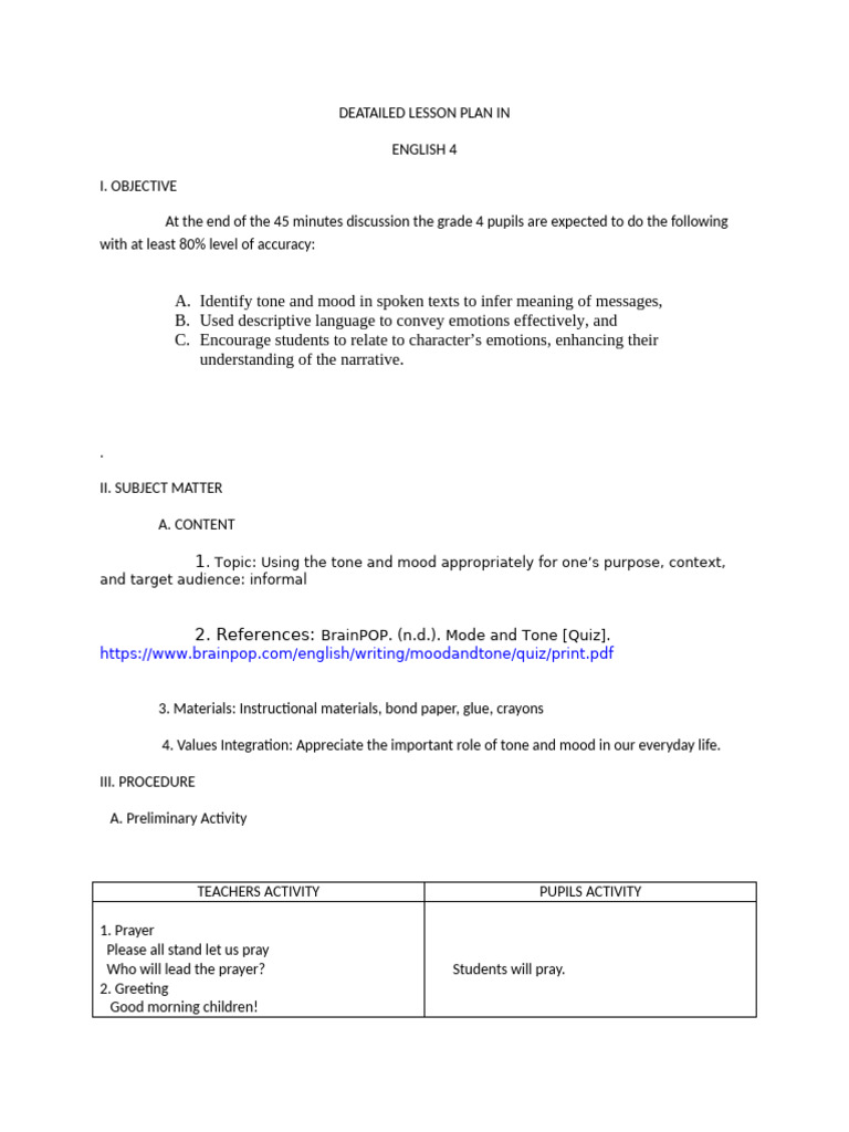 Grade 4 English Lesson on Tone and Mood | PDF | Lesson Plan | Emotions