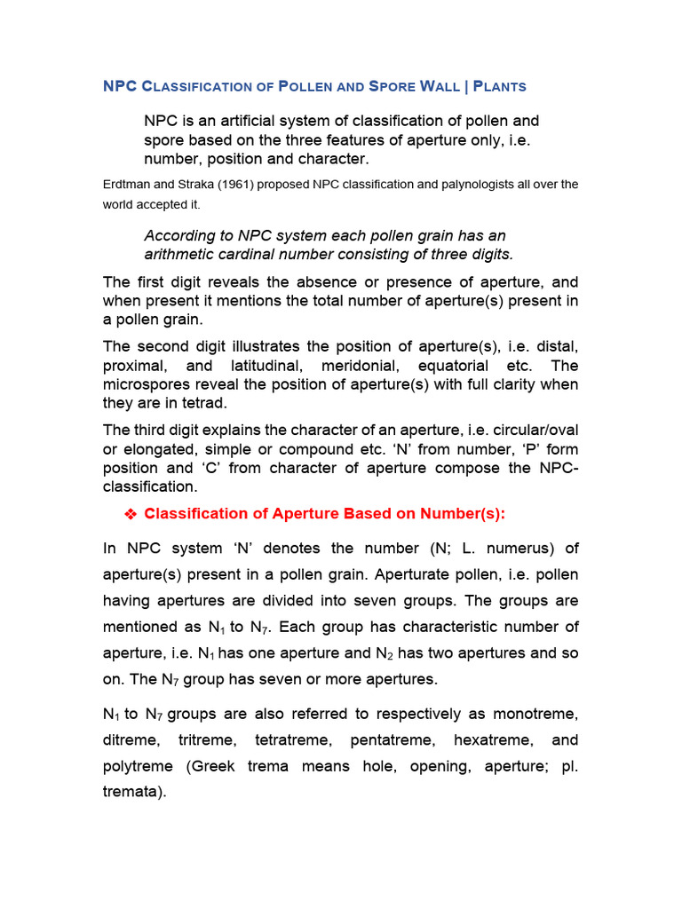 NPC Pollen and Spore Classification Guide | PDF | Pollen | Spore