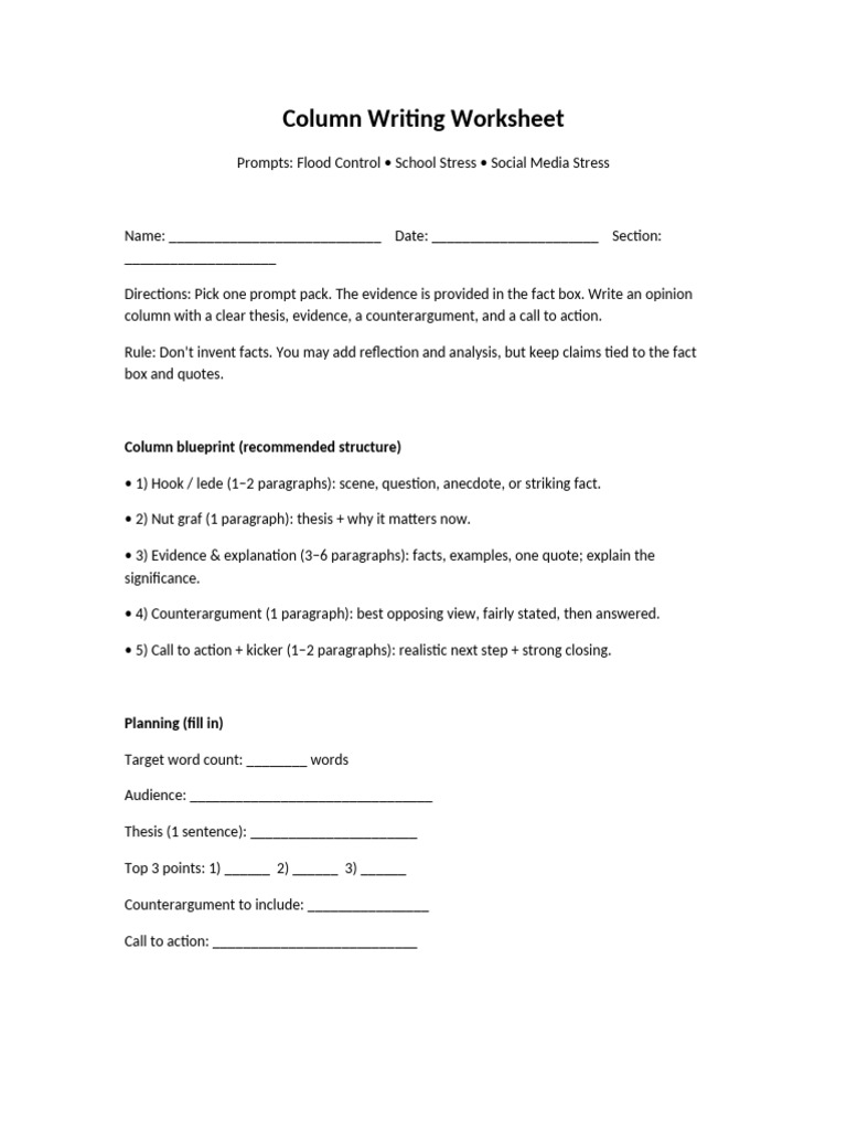 Column_Writing_Worksheet_FloodControl_StudentStress_SocialMedia | PDF