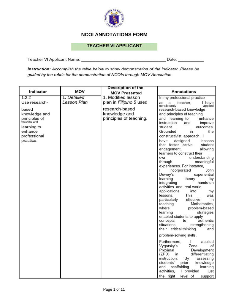 NCOI Annotations for Teacher VI Applicants | PDF | Educational ...