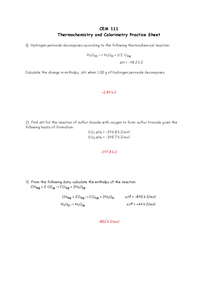 Thermochemistry Practice Sheet Answer Key PDF Chemical Process