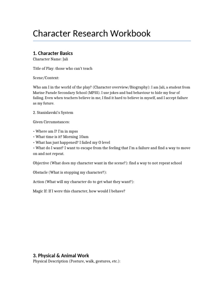 Character Analysis Workbook for Jali | PDF