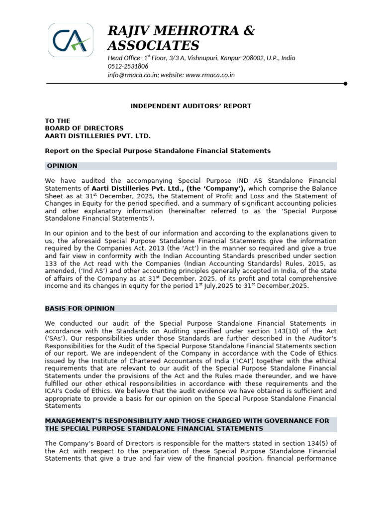 Aarti Distilleries Financial Audit Report | PDF | Going Concern | Audit