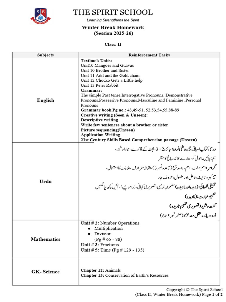 Class II Winter Homework One Pager Session 2025 26 | PDF