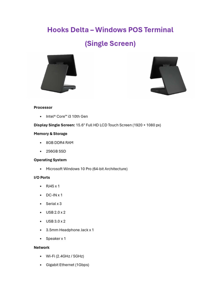 Hooks Delta Windows POS Terminal Specs | PDF