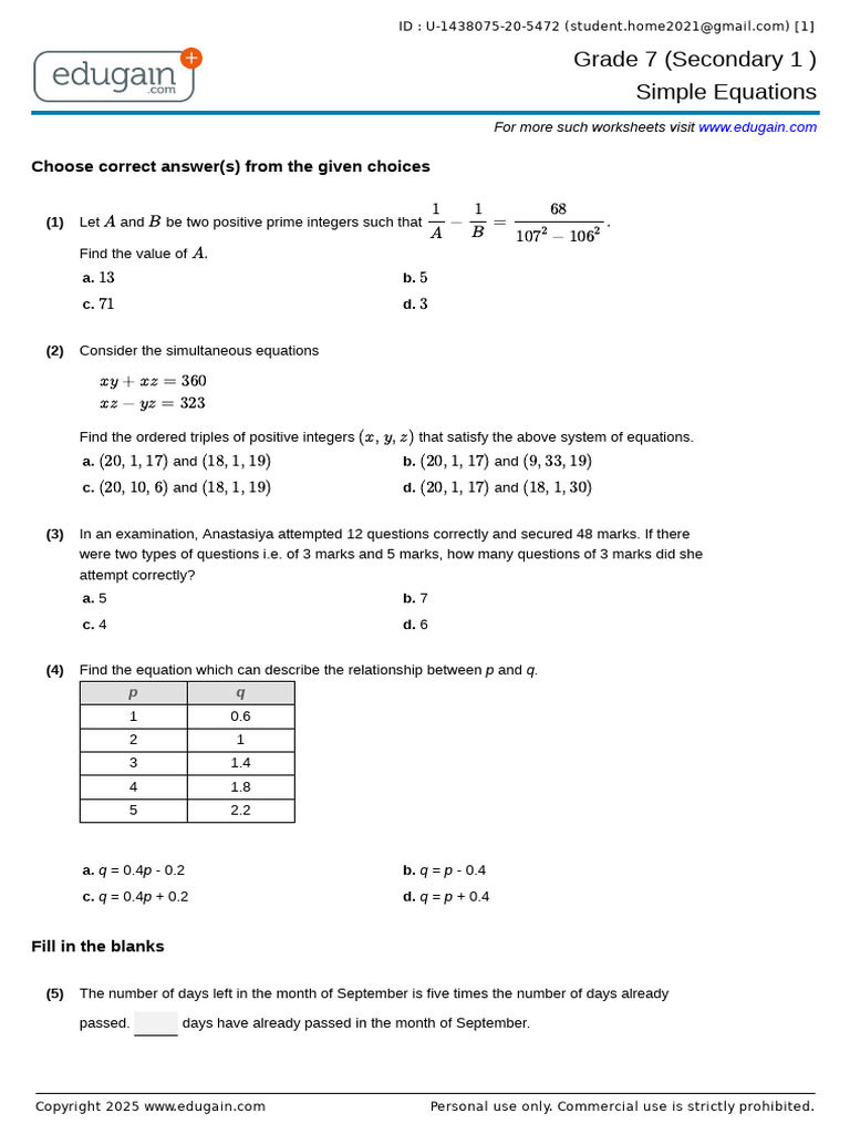 Grade 7 Simple Equations Worksheet | PDF | Mathematics | Mathematical ...