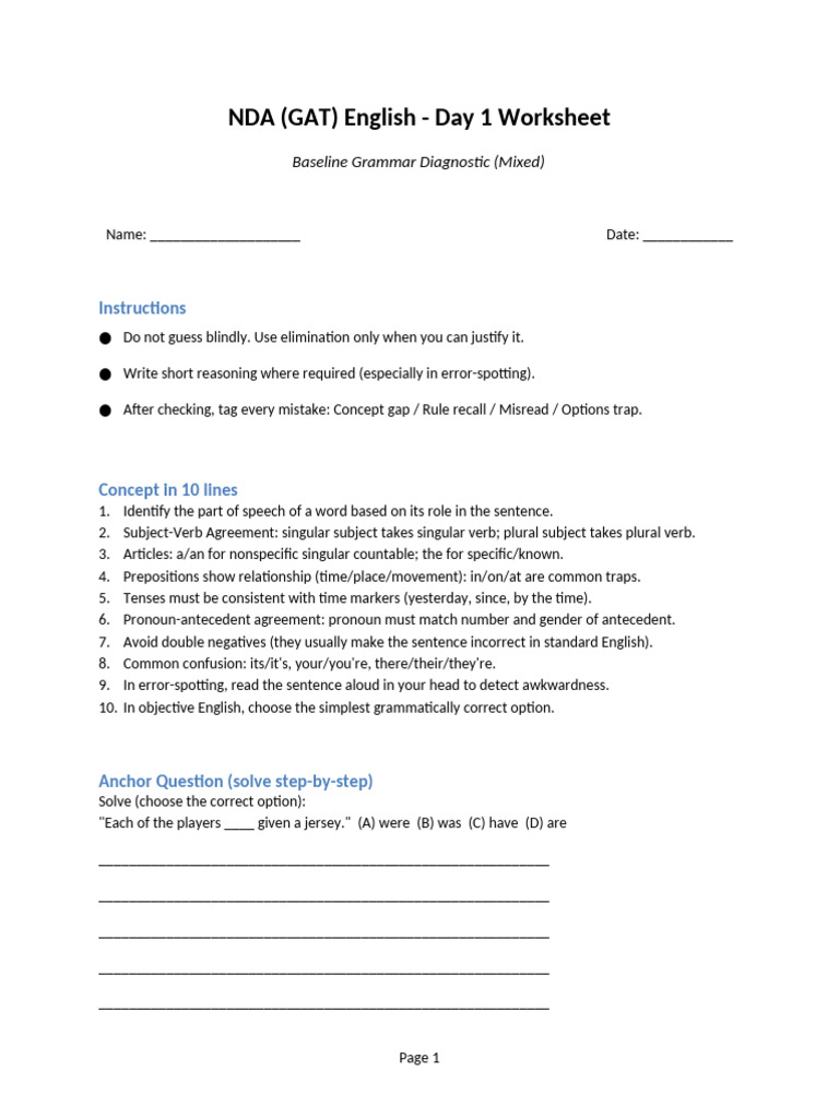 NDA English Day01 Student Worksheet | PDF | English Language ...