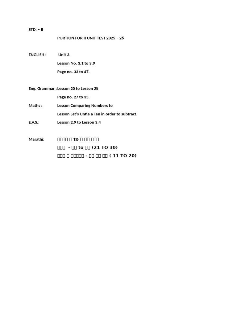 STD II Unit Test Portion 2025-26 | PDF