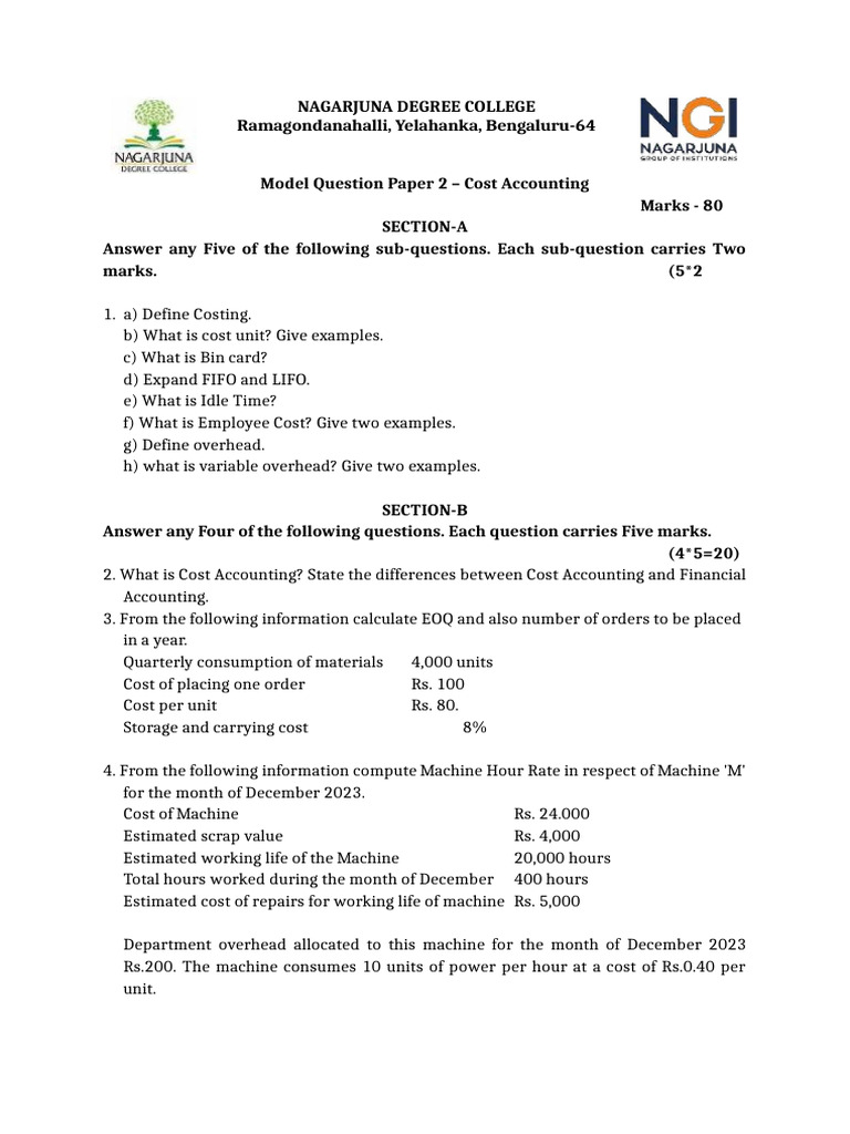 Cost Accounting Model Question Paper | PDF | Economies | Business