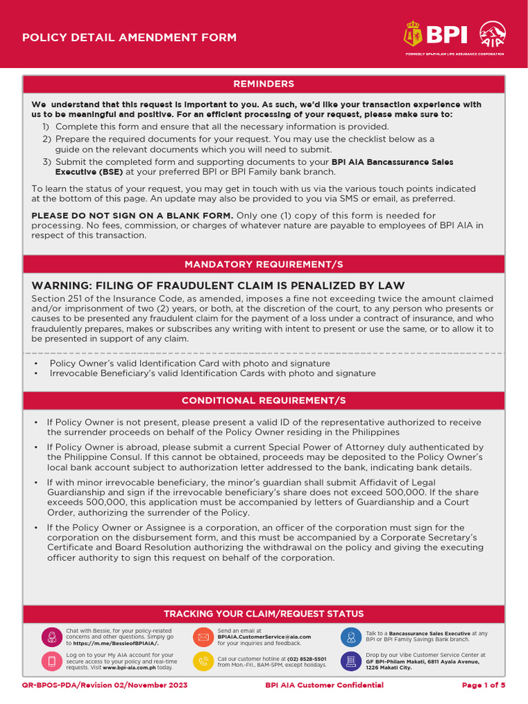 BPI AIA Policy Amendment Form | PDF | Insurance | Privacy