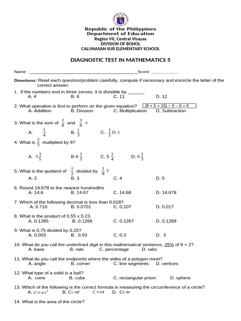 Mathematics Diagnostic Test for Grade 5 | PDF | Area | Circle