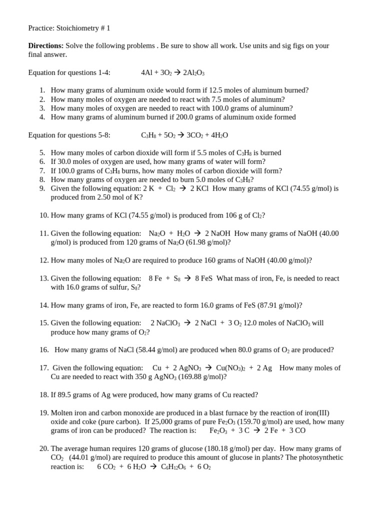 Stoichiometry Practice Problems Guide | PDF | Mole (Unit) | Oxide